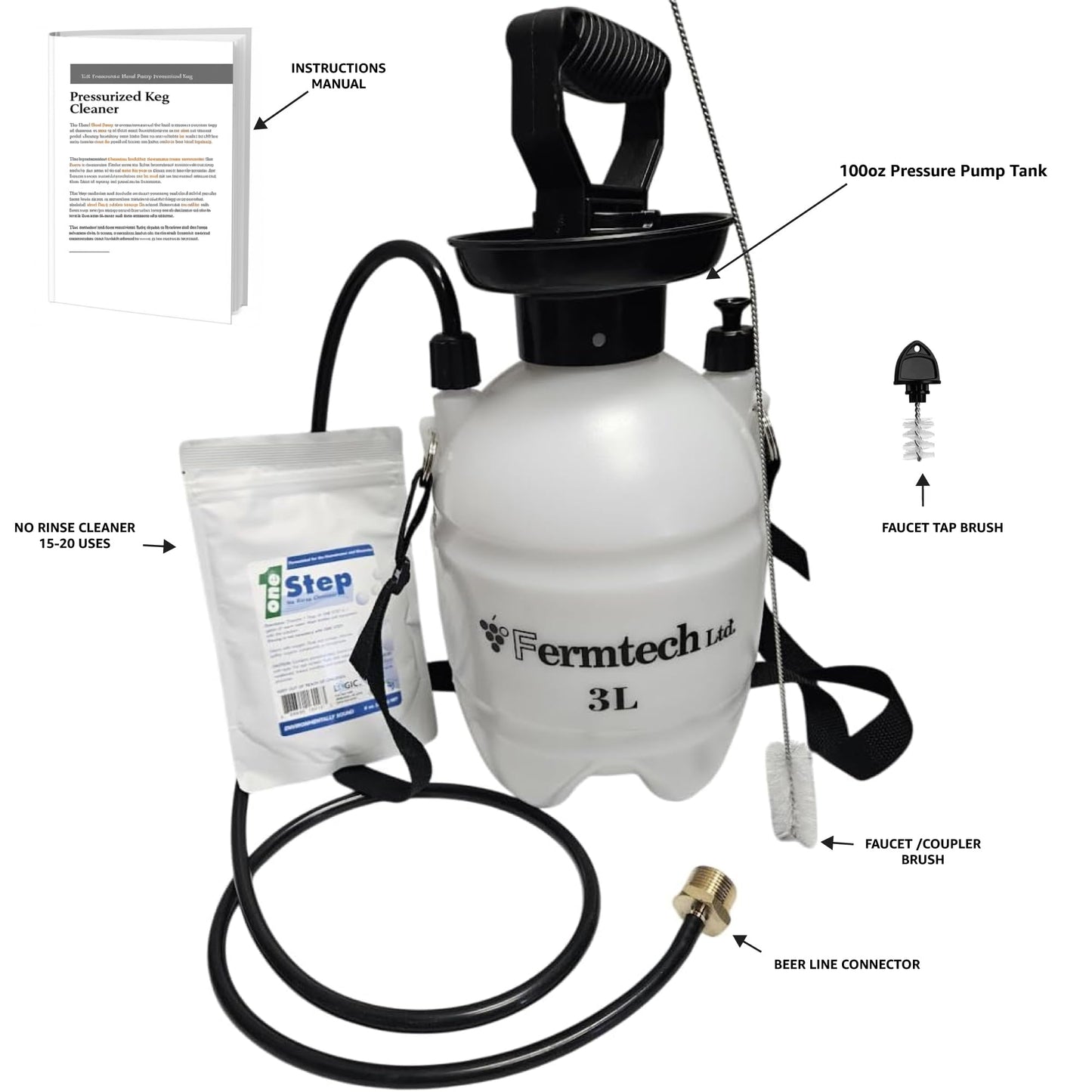 Standard Beer Keg Line Cleaning kit with 4oz Beer Line No Rinse Powder Cleaner - Hand Pump Pressurized - Easy Safe to Use Keg Claner - w/Brush, Faucet Plug, Instruction Manual